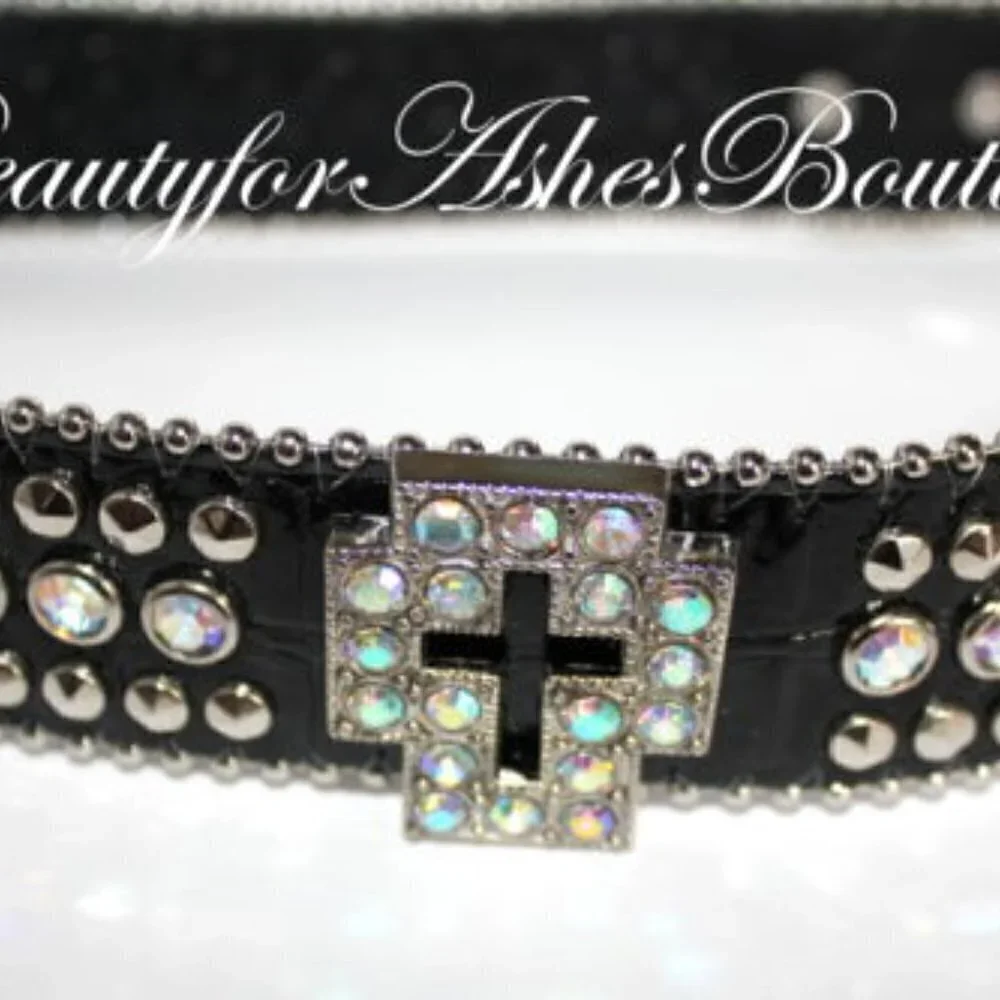 Western Black Bling Cross Belt & Buckle Aurora Borealis AB Crystal Accent ML